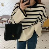 Women Knitwear Autumn Winter Retro Striped round Neck Sweater Loose Sweater
