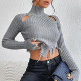 Women Knitted Sweater Sweaters Women's Clothing Turtleneck Long Sleeve Distressed Sexy Cutout Sweater
