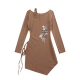Women Dresses off-the-Shoulder Dress Hollow-out Midriff Long Sleeve Short Dress