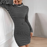 Women Dress Spring and Summer Sexy Backless Long Sleeves Knitted Striped Dress Hip Skirt