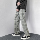 Men Jeans Autumn Plaid Worn Jeans Wide Leg Pants Loose Straight Trousers