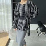 Women Cardigan Sweater Autumn Striped Long-Sleeved Top Loose round Neck 8t7300