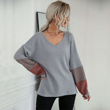 Women Knitted Sweater Fall Color-Blocking Gray Long Sleeves V-neck Sweater