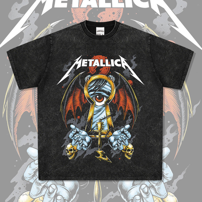 Mens Vintage Rock Band T-Shirt Washed Short Sleeve T-Shirt Crew Neck Rock METALLICA