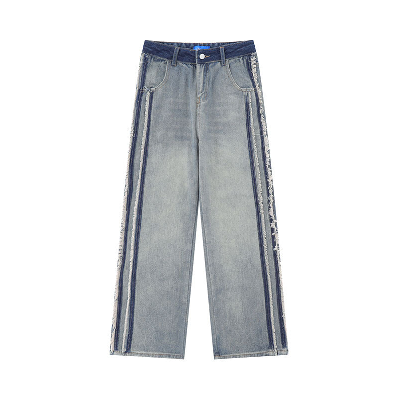 Men Jeans Washed Patchwork Jeans Retro Wide Leg Denim Trousers
