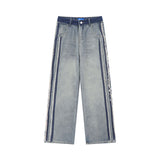 Men Jeans Washed Patchwork Jeans Retro Wide Leg Denim Trousers