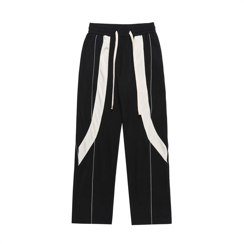 Men Sweatpants Stitching Contrast Color Casual Pants Loose Track Pants Drawstring Elastic Waist Straight-Leg Wide-Leg Pants