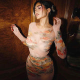 Women Dresses Summer Mesh Printed Sexy round Neck Dress