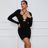 Women Dress Sexy Cutout Tight Skirt Short Skirt Sheath Long Sleeve Dress