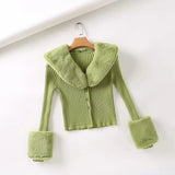 Women Sweater Knitwear Vintage Sweater Cardigan Women's Detachable Fur Collar Single-Breasted Short Knitted Top