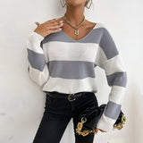 Women Knitted Sweater Season Casual Long Sleeve V-neck Striped Sweater