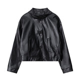 Women Jacket Leather Clothing with Stand Collar Coat Autumn Casual Loose Embroidered Button Biker's Leather Jacket