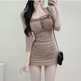 Women Dresses Wine Red Hip Skirt Long Sleeve Cardigan Skirt Dress