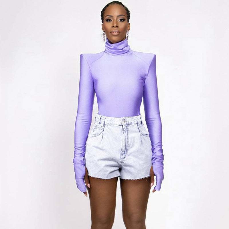 Women Jumpsuit Summer Turtleneck Long Sleeve Finger Stall Slim Fit Dress
