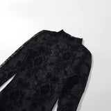 Women Tops Summer Flocking Mesh Stand Collar Jumpsuit Sexy Top