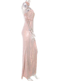 Women Evening Gown Sexy Backless Mesh Stitching Sequins Dress