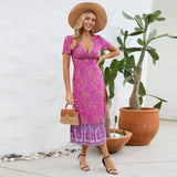Women Date Dress Floral Dress Short Sleeve V-neck Bohemian A- line Skirt