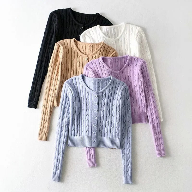 Women Sweater Knitwear Spring round Neck Twist Simple Single-Breasted Long Sleeve Short Knitted Cardigan