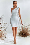 Women Evening Dress Bronzing Dress Bandage Sexy Backless One-Shoulder Hip Skirt