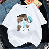 Kawaii Cat Women Print Funny T-shirt Girl Animal Y2K Fashion