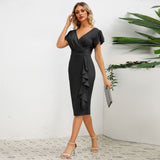 Women Date Dress round Neck Pleated Lace Dress