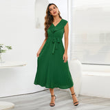 Women Date Dress Chiffon Pleated Dress Slim Fit Elegant Solid Color V-neck Dress