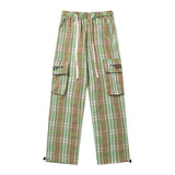 Men Sweatpants Plaid Casual Trousers Multi-Pocket Workwear Straight-Leg Pants