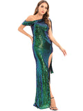 Women's Evening Gown Sexy Backless One-Shoulder Ribbon Sequins Dress Evening Dress