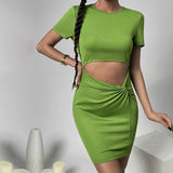 Women Dress Spring and Summer Sexy Hollow Sheath Knitted I Short Sleeve Dress
