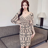 Women Maxi Dress Autumn and Winter V-neck Knitted Dress Package Hip Sweater Dress