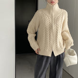 Women Cardigan Sweater Coat Long Sleeve Loose Zip Turn-down Collar Coat L1216