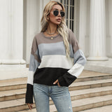 Women Knitted Sweater Autumn and Winter Leisure Fashion Colorblock Long Sleeve Sweater Outer Wear