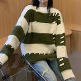 Women Knitted Pullover Vintage Stripe Knitted Sweater Loose Crew Neck Top