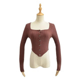 Women Sweater Knit Wear Square Collar Button Sweater Cardigan Top