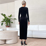 Women Dress Long Sleeve Narrow Black Dress Velvet Dress