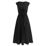 Women Date Dress Chiffon Pleated Dress Slim Fit Elegant Solid Color V-neck Dress