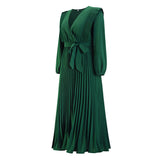 Women Date Dress Autumn and Winter V-neck Long Sleeve Pleated Dress