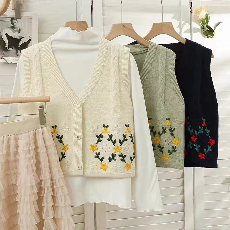 Women Knitted Cardigan Retro V-neck Single-Breasted Sleeveless Knit Vest