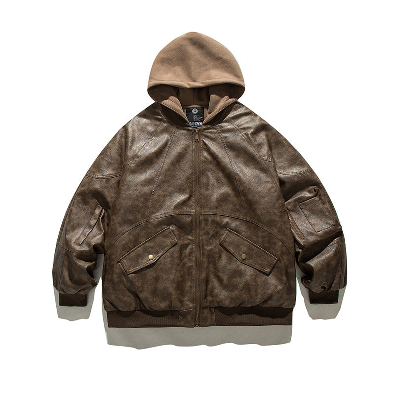 Unisex Winter Cotton Coat down Jacket Retro Loose PU Leather down Jacket