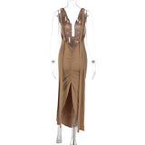 Women Dresses Summer Sexy Deep V-neck Backless Fold Split Dress