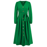 Women Date Dress Single-Breasted Cardigan Skirt V-neck Bubble Long Sleeve Dress