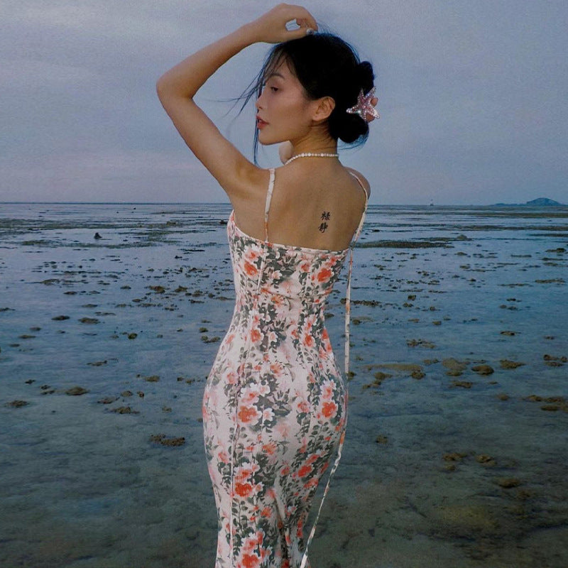 Women Dresses Autumn New Sexy Backless Slim Fit Floral Strap Dress