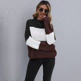 Women Knitted Sweater Autumn Brown Patchwork round Neck Long Sleeve Knitted Pullover Loose Sweater