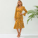 Women Date Dress Autumn and Winter Dress Sexy V-neck Polka Dot Printing Long-Sleeved Fishtail Dress