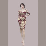 Women Maxi Dress Autumn and Winter Long Sleeve Plaid V-neck Sweaters Sheath Dress