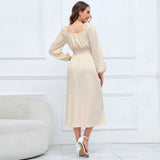 Women Date Dress Slim-Fit Long Sleeve V-neck Lace-up A- line Dress Lantern Sleeve Dress
