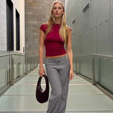 Women Knit Top Tight Short Sleeve Navel Turtleneck T-shirt