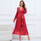 Women Date Dress Autumn and Winter V-neck Bubble Long Sleeve Dress
