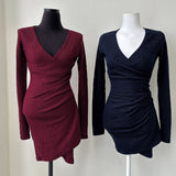 Women Dresses Wine Red V-neck Cross Dress