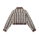 Women Jacket Houndstooth Fall Lapels Long Sleeve Stitching Leather Coat